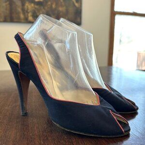Casadei Vintage Navy Silk Slingback Heels Pink Leather Piping Women’s Size 9